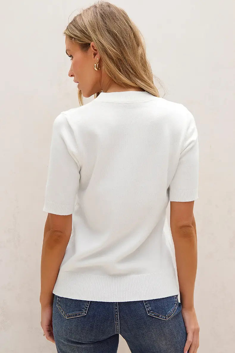 Three-dimensional Flower Decoration Half-sleeve Top European And American Commuters’ Knitted