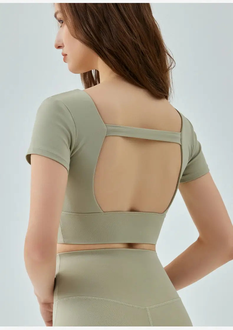 Hollow-out Beauty Back Yoga Short Sleeve Women’s Removable Chest Pad Workout Top
