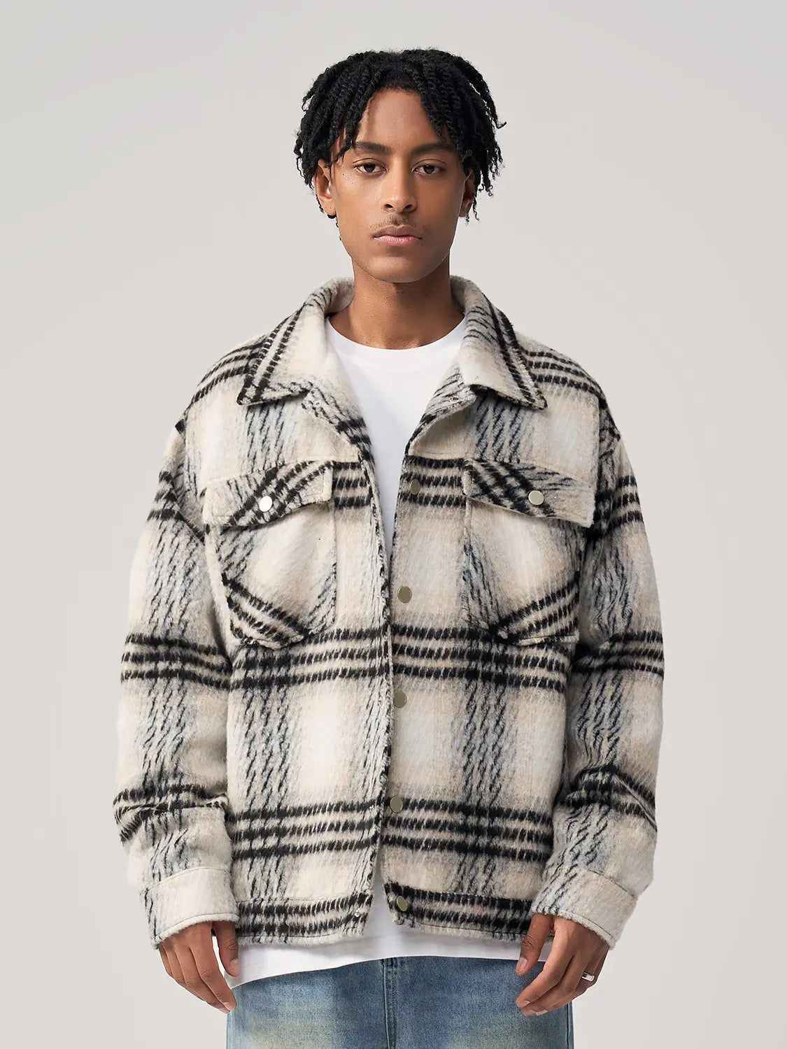 Sea Horse Hair Coarse Checked Shirt Jacket Loose Wool Clip Cotton