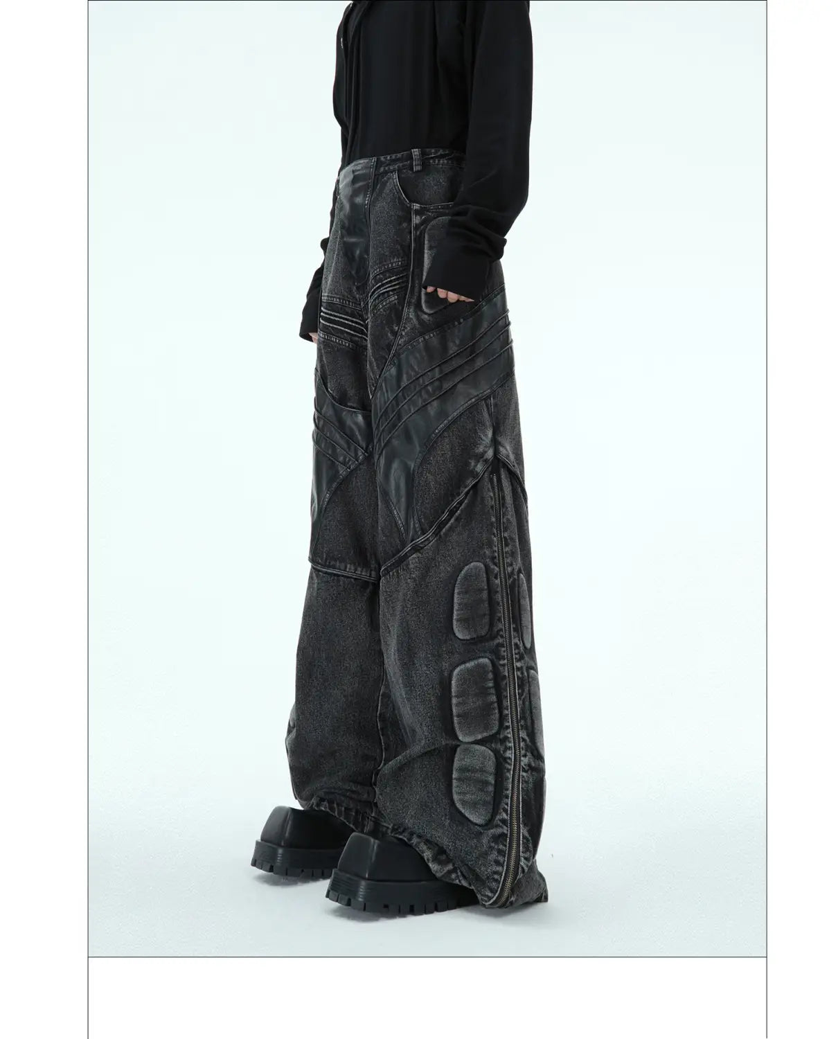 Heavy Washed Black Armor Jeans Deconstructed PU Leather Stitching Trousers
