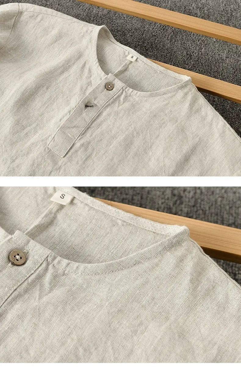 Casual Linen Men’s Simple Round Neck 34 Sleeves Linen T-shirt Loose Breathable Top
