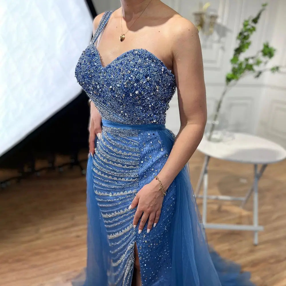 Blue Handmade Beaded Split Shoulder Fishtail Dress