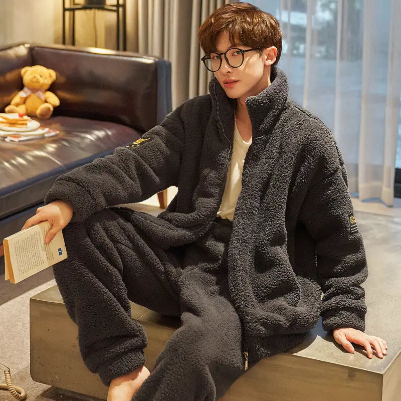 Men’s Flannel Pajamas Stand Collar Zipper With Extra Thickness For Warmth
