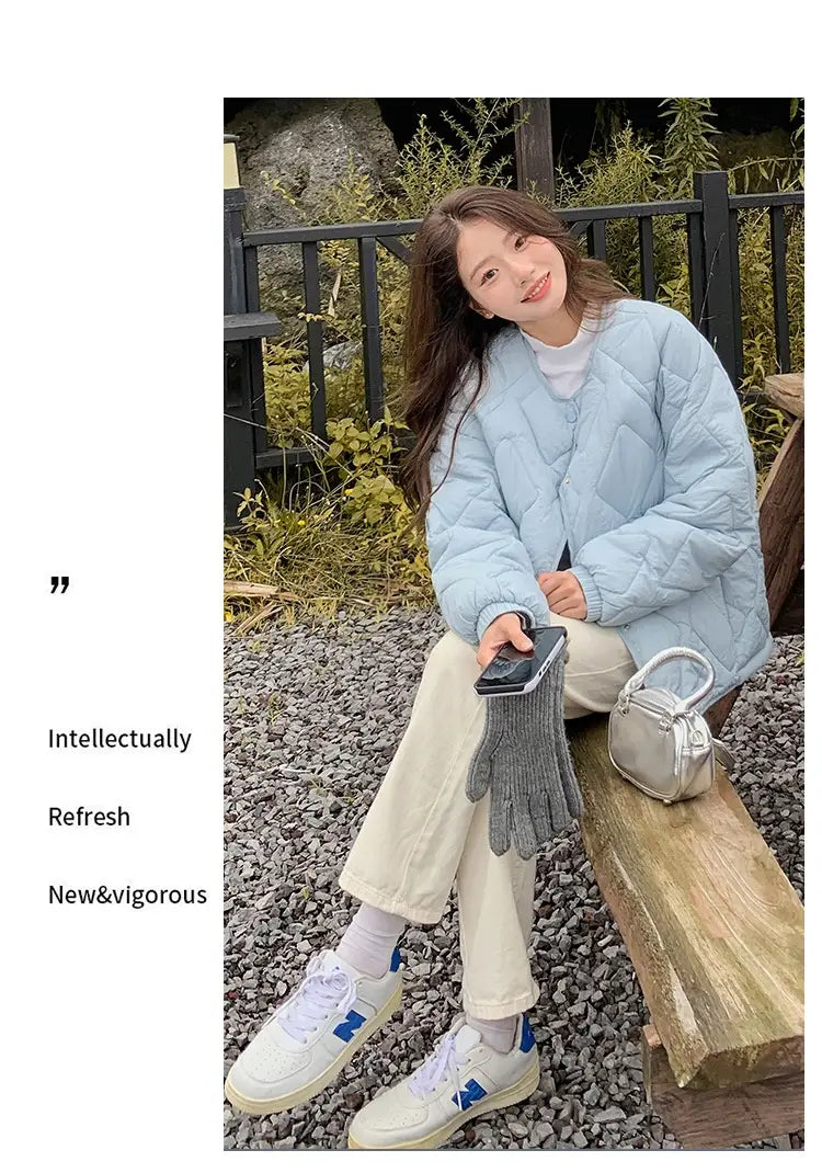 Korean Style Down Cotton Jacket Women’s Short Light Round Neck