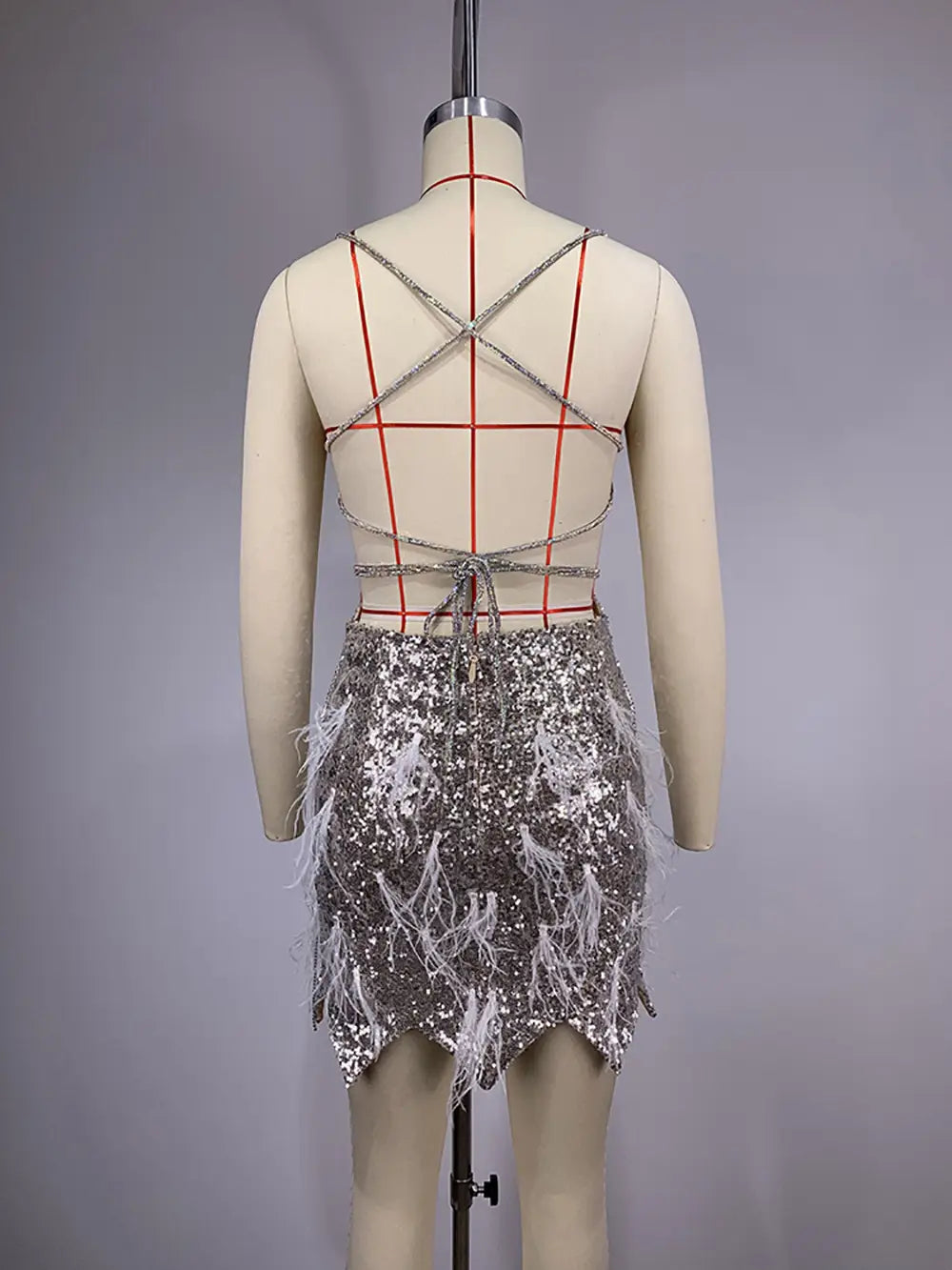 Female Summer Sequins Feather Tassel Backless Dress