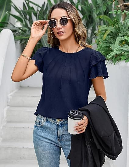 Summer Pleated Short Sleeve Round Neck Top Business Work Shirt