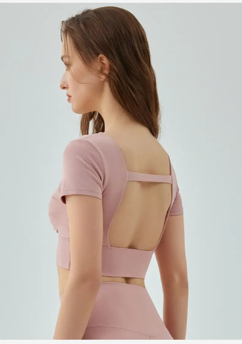 Hollow-out Beauty Back Yoga Short Sleeve Women’s Removable Chest Pad Workout Top