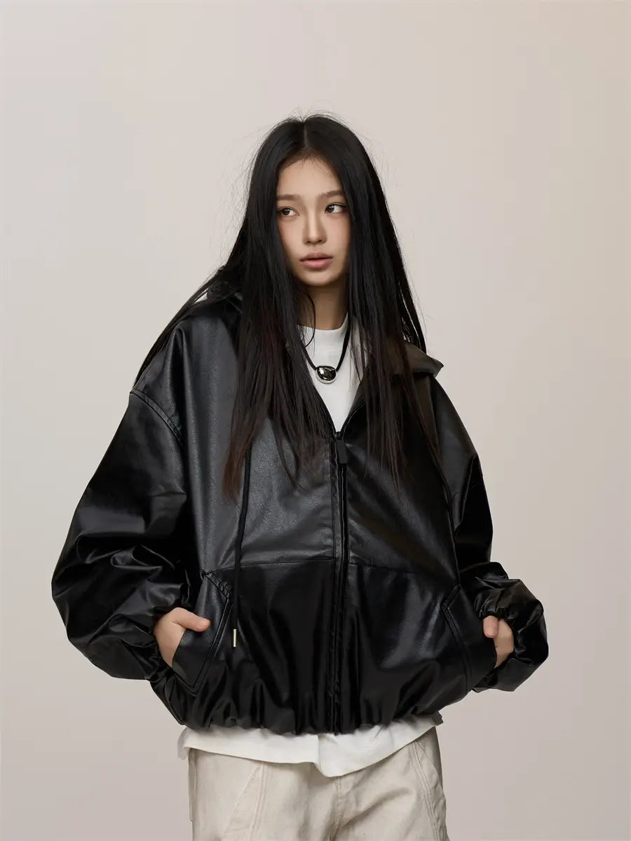 Women’s Black Hooded Leather Coat