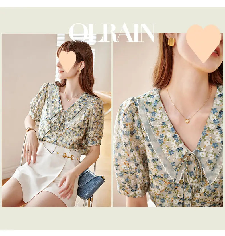 New Short Sleeve Elegant Slimming French Collar Design Floral Chiffon Shirt