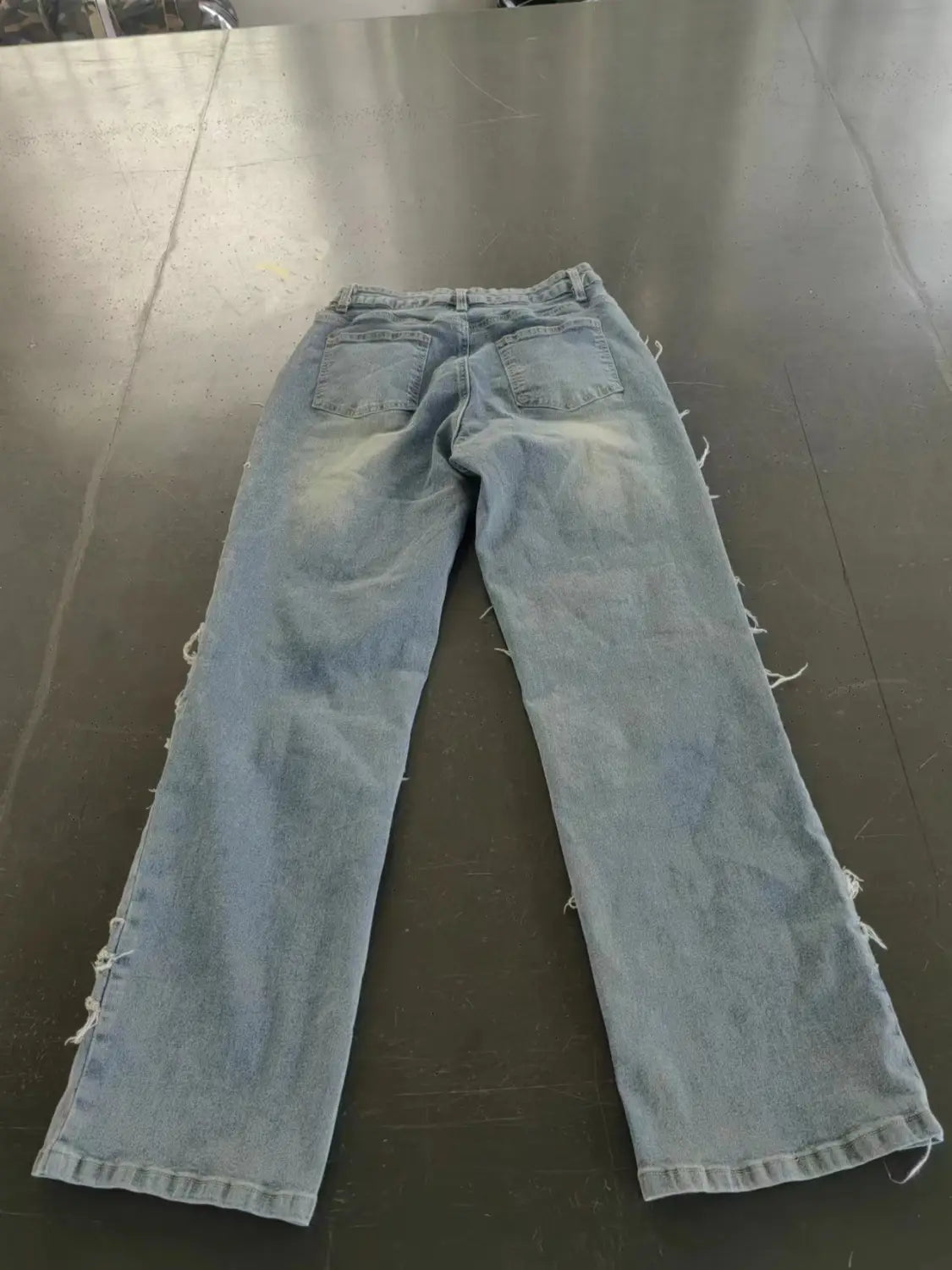 Laminated Ripped Washed Straight Tassle Fashion Casual Jeans