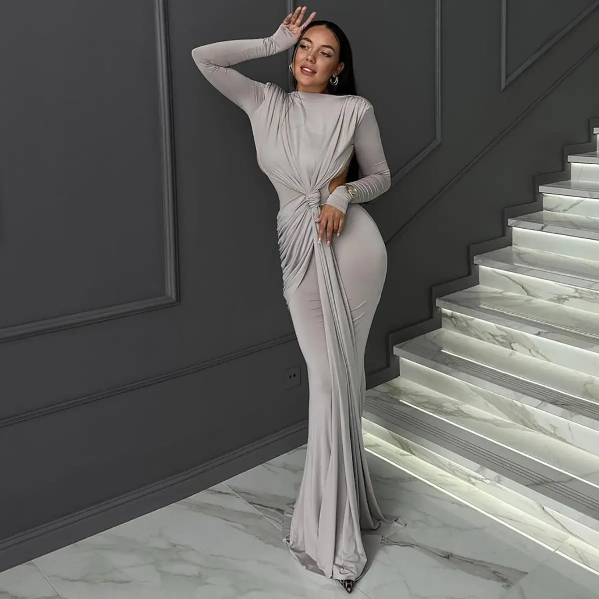 Women’s Sexy Hot Girl Back Hollow-out Slim-fit Long Sleeve Dress