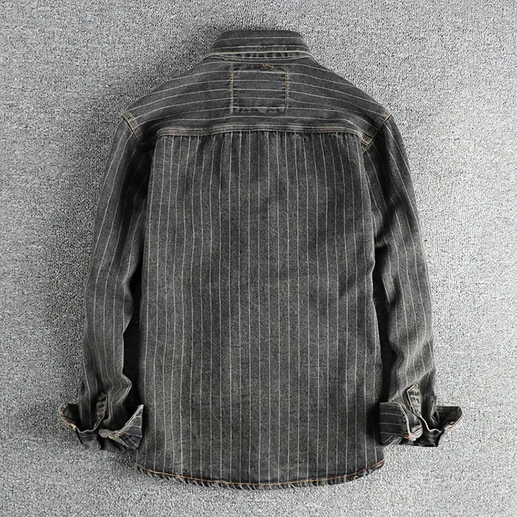 Men’s British Retro Black Gray Striped Denim Shirt