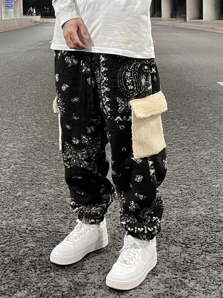 Lamb Fleece Pocket Casual Pants Drawstring Loose Men’s Trousers