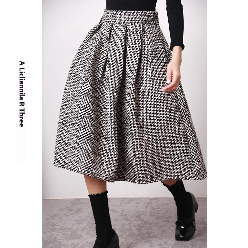 Autumn And Winter High Waist Pleated Words Puffy Thick Midi Skirt