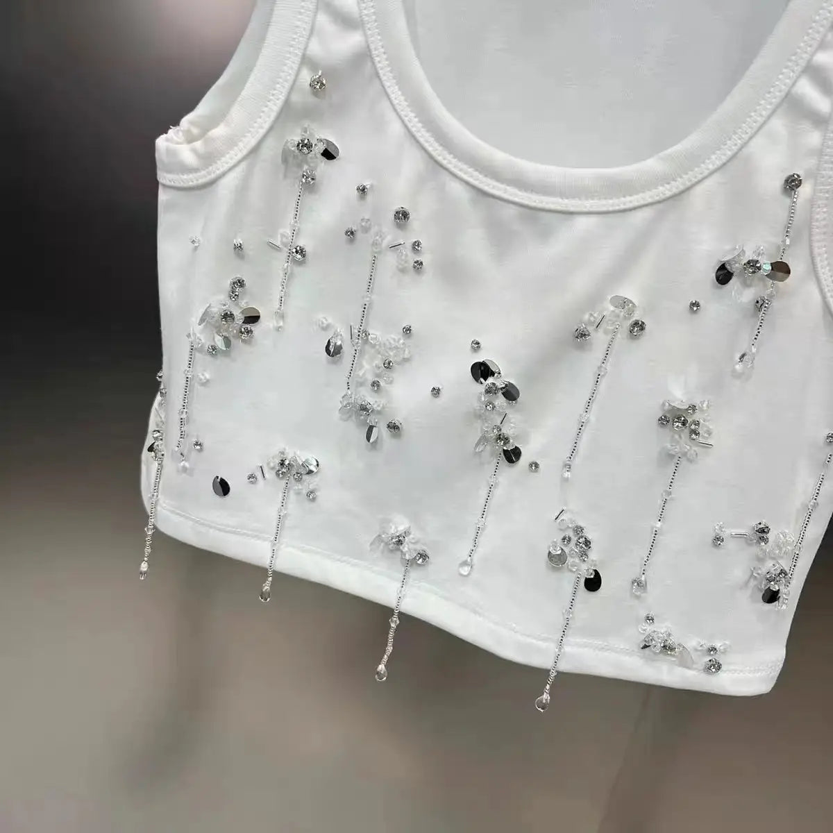 Scoop Sleeveless Diamond Nail Beads Sequins Heavy Industry Gold Style Vest