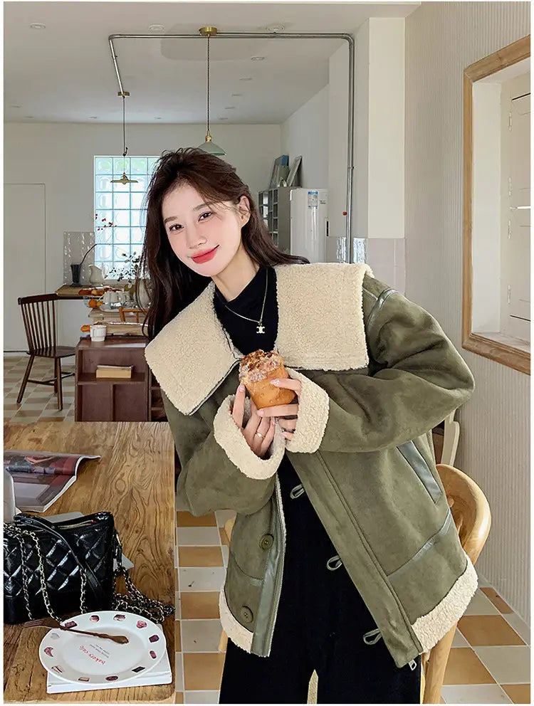 Women’s Korean-style Retro Green Suede Lambswool Coat