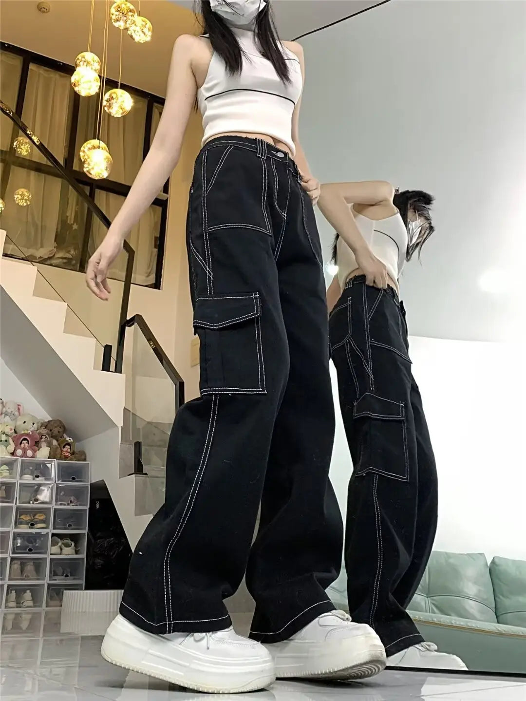 Jeans Women’s Straight Loose Spring Wide-leg Overalls
