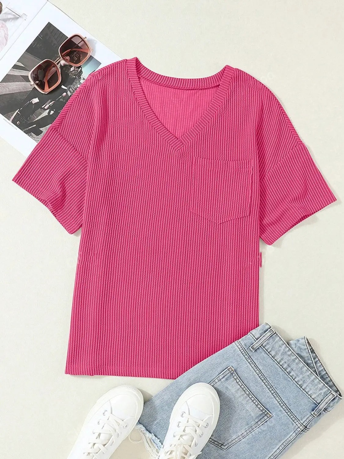 Fashionable Two-tone Pullover Short Sleeve V-neck Top For Women