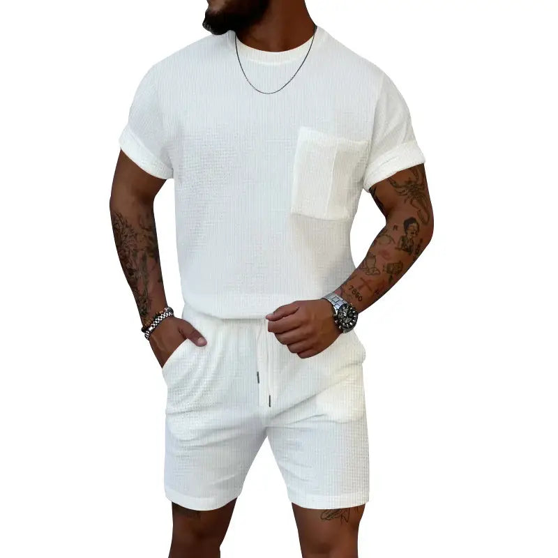 Waffle Round Neck Pocket Short-sleeved Shorts Casual Sports Suit
