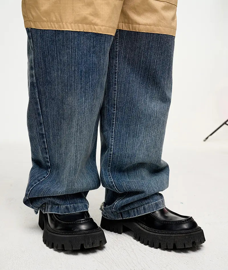 Retro Multi-pocket Stitching Denim Contrast Color Loose Straight Casual Pants