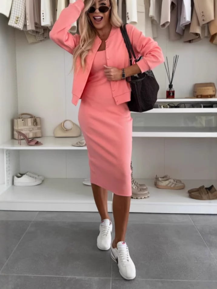 Solid Color Sling Dress Cardigan Outerwear Top Long Skirt Two-piece Set