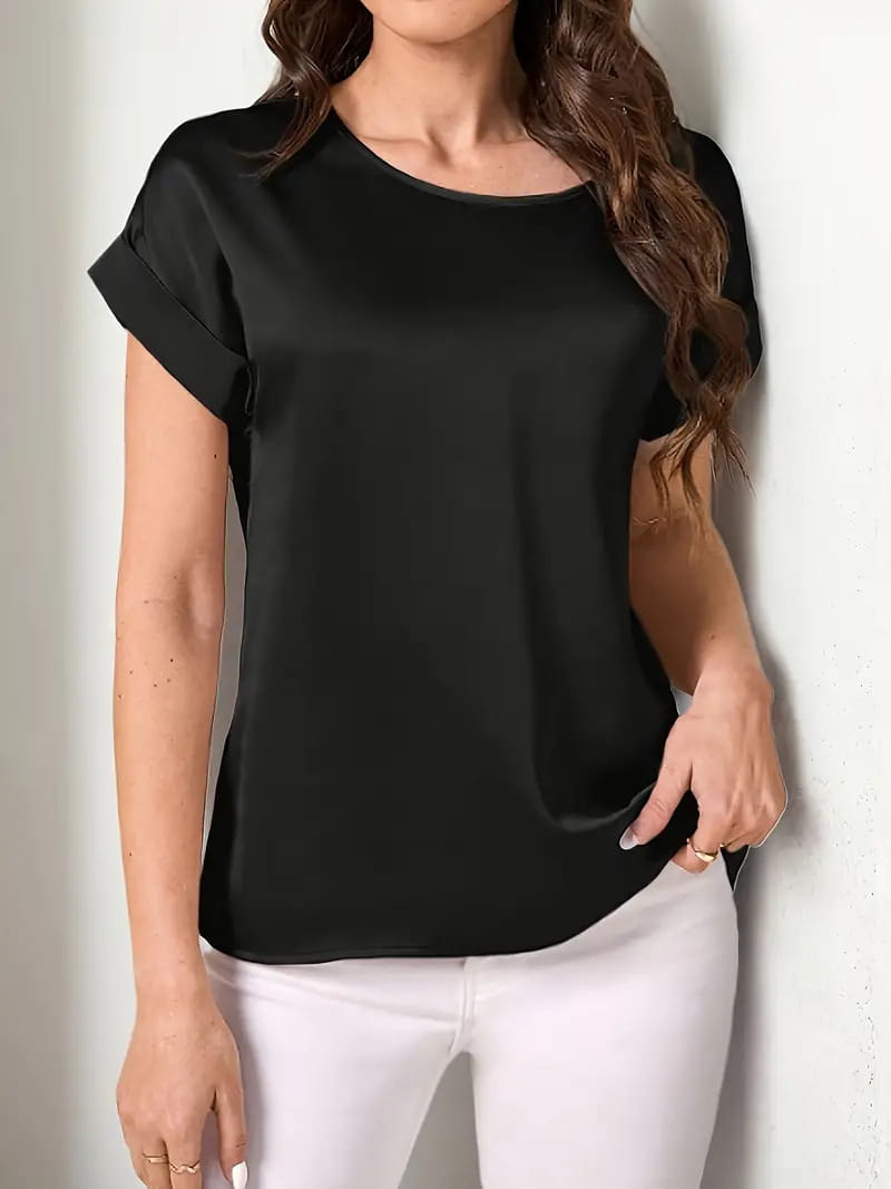 Round Neck Solid Color Smooth Surface Short Sleeve Loose