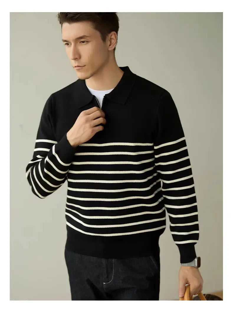 Men’s Spring And Autumn New Half Zipper Striped Business Casual Sweater