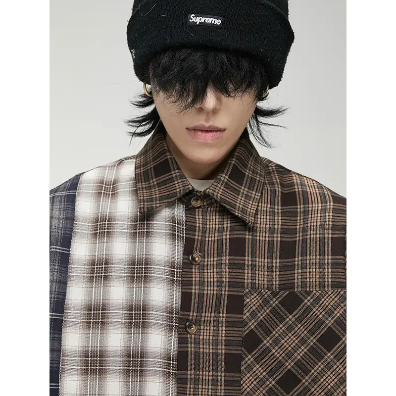 Irregular Patchwork Plaid Long Sleeved Shirt