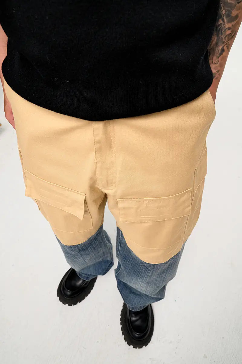 Retro Multi-pocket Stitching Denim Contrast Color Loose Straight Casual Pants