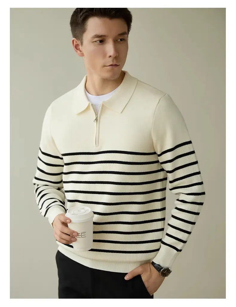 Men’s Spring And Autumn New Half Zipper Striped Business Casual Sweater