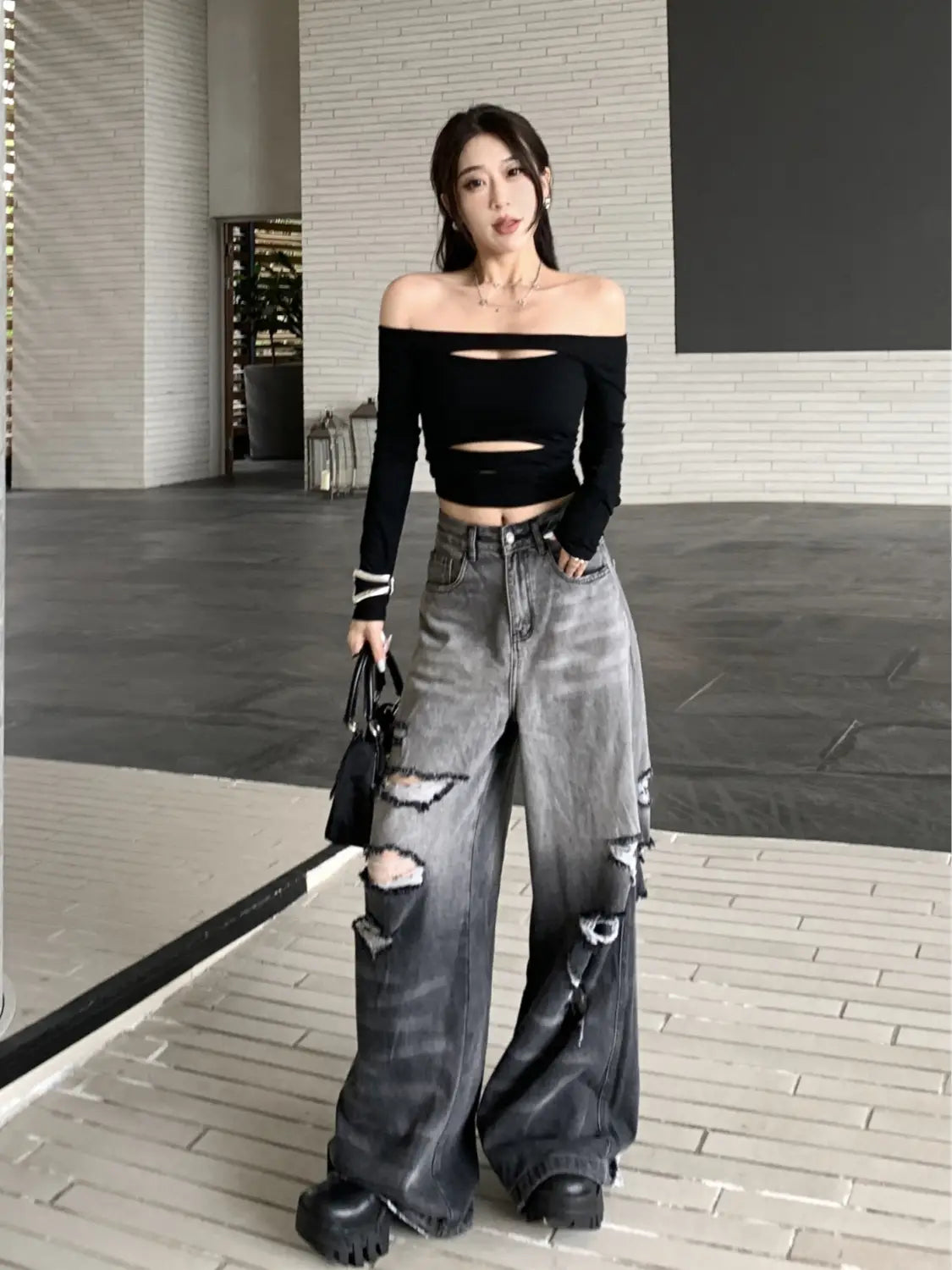 Gradient Color Big Ripped Hot Girl Wide Leg Jeans For Women