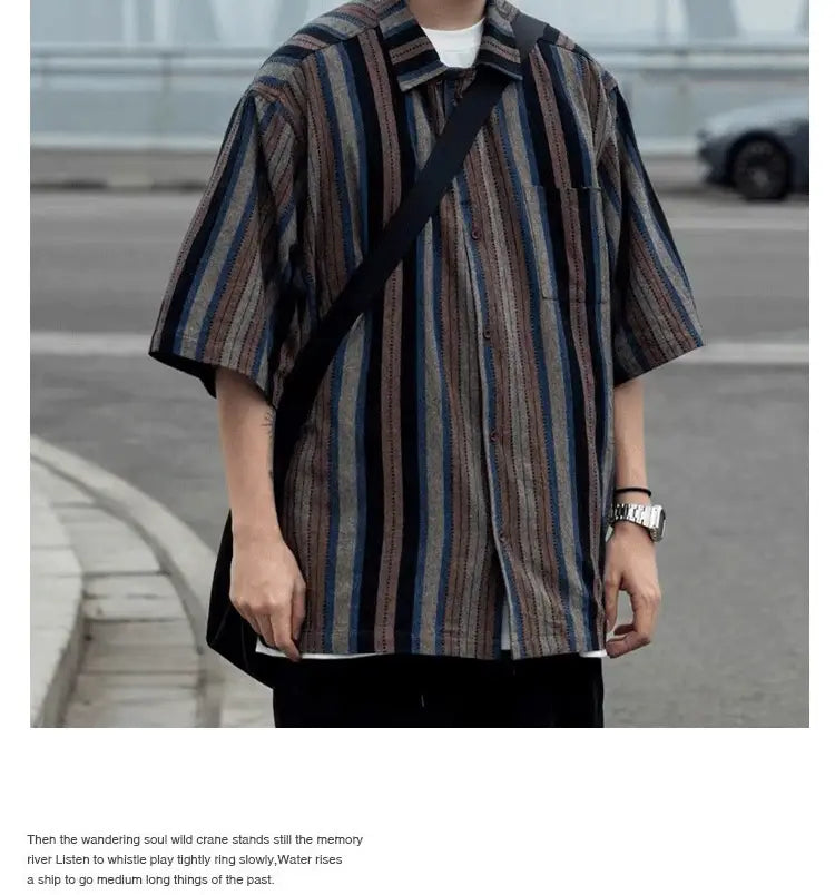Japanese-style Retro Amekaji Ethnic Style Striped Short Sleeve Shirt