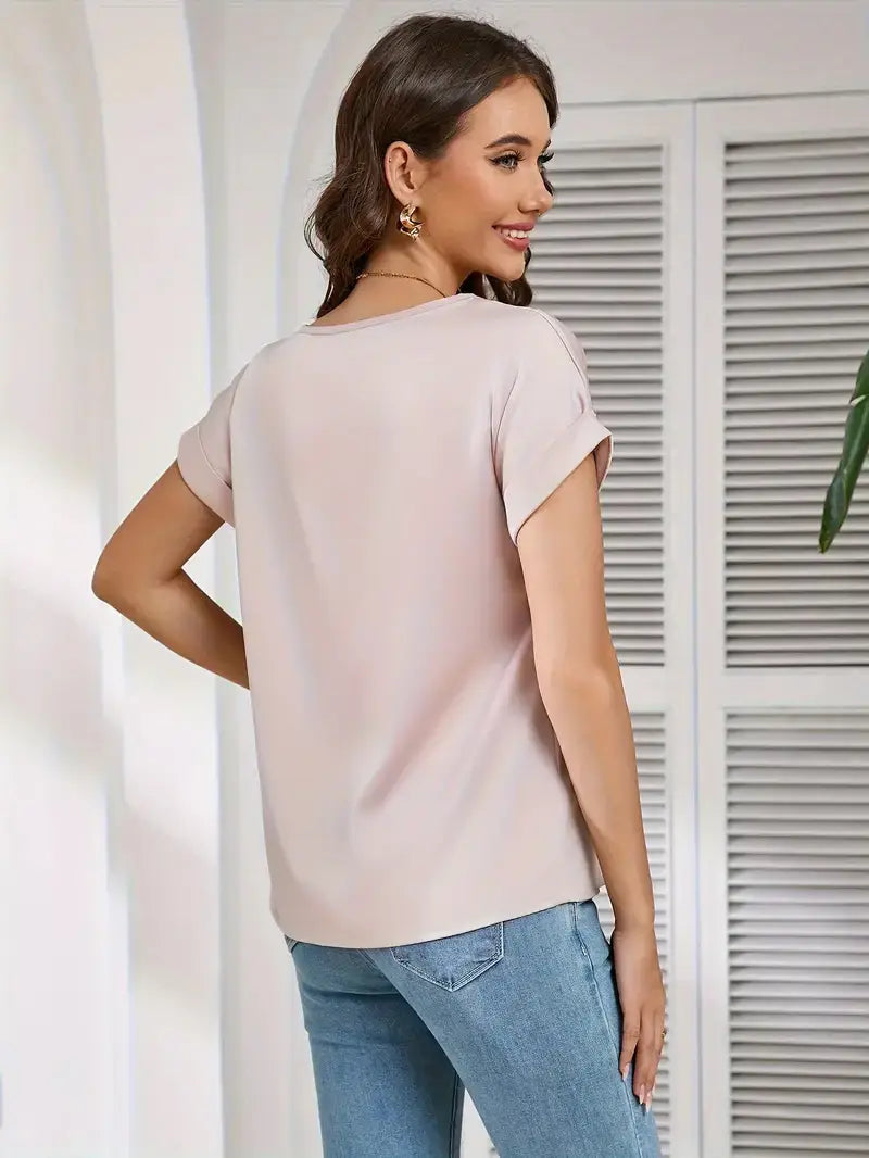 Round Neck Solid Color Smooth Surface Short Sleeve Loose
