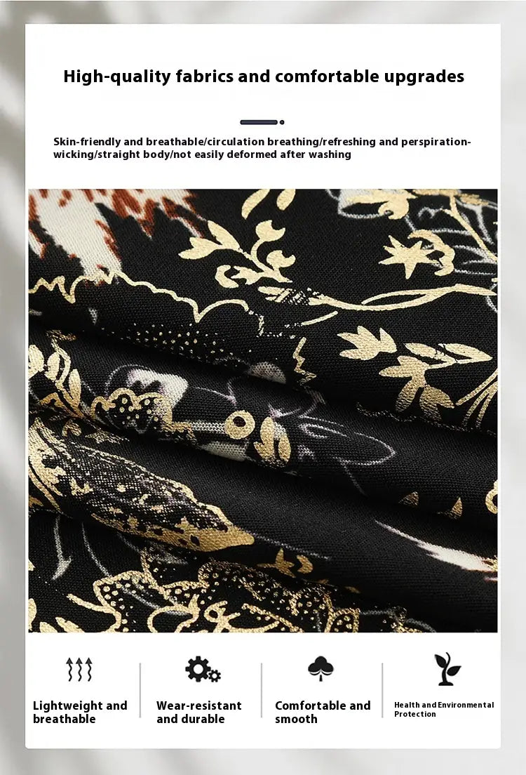Summer Men’s Middle-aged Printed Shirt Short Sleeve Stretch Ice Silk Leisure