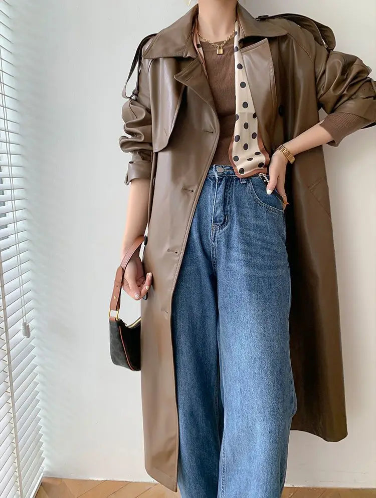 Retro Women’s Mid-length Waist Slimming Pu Coat