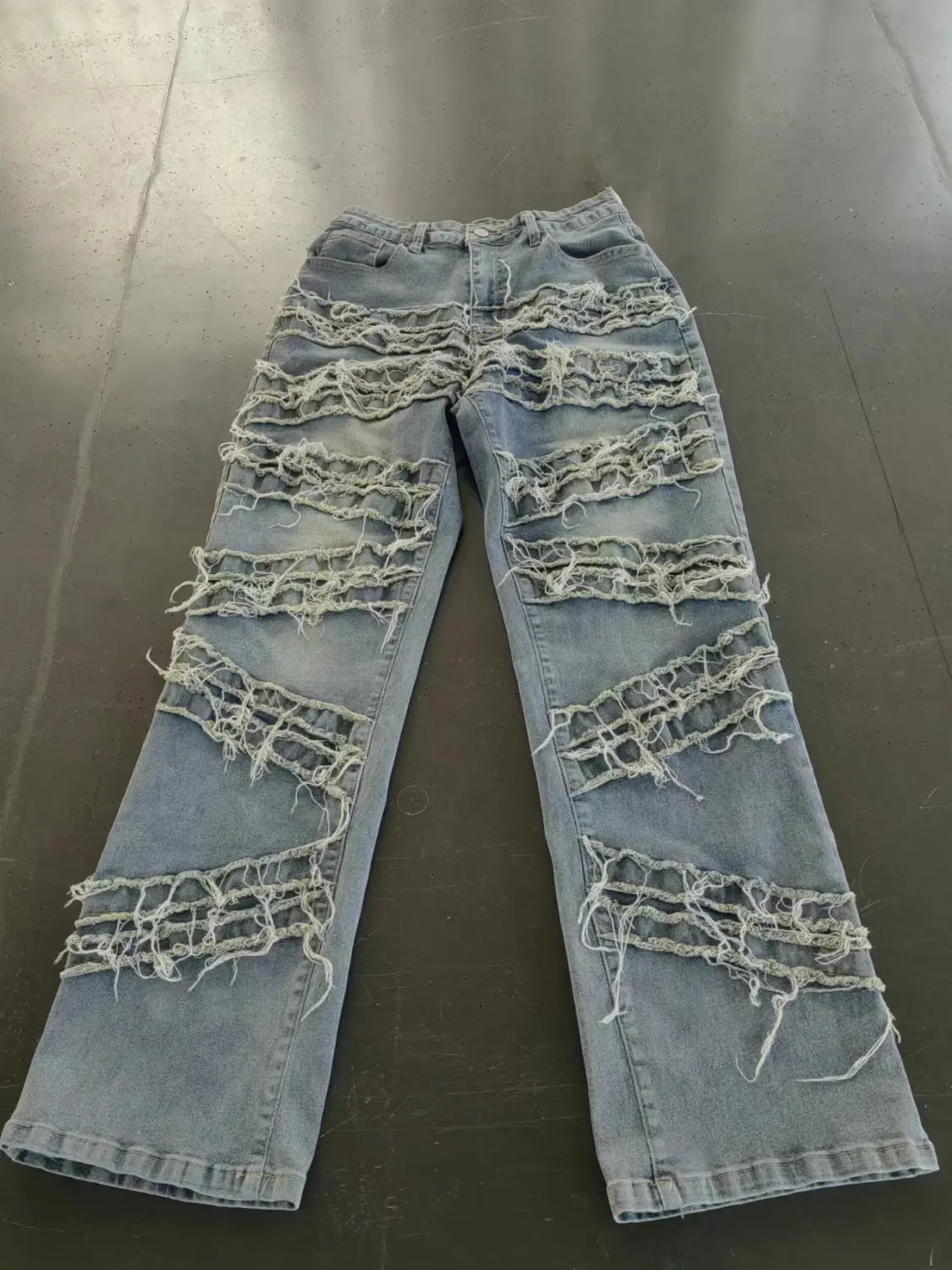 Laminated Ripped Washed Straight Tassle Fashion Casual Jeans