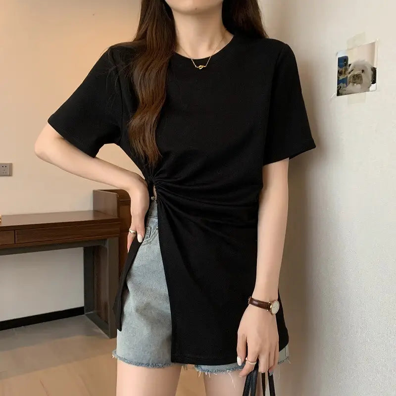 Cotton Irregular Split Short-sleeved T-shirt Women’s Summer