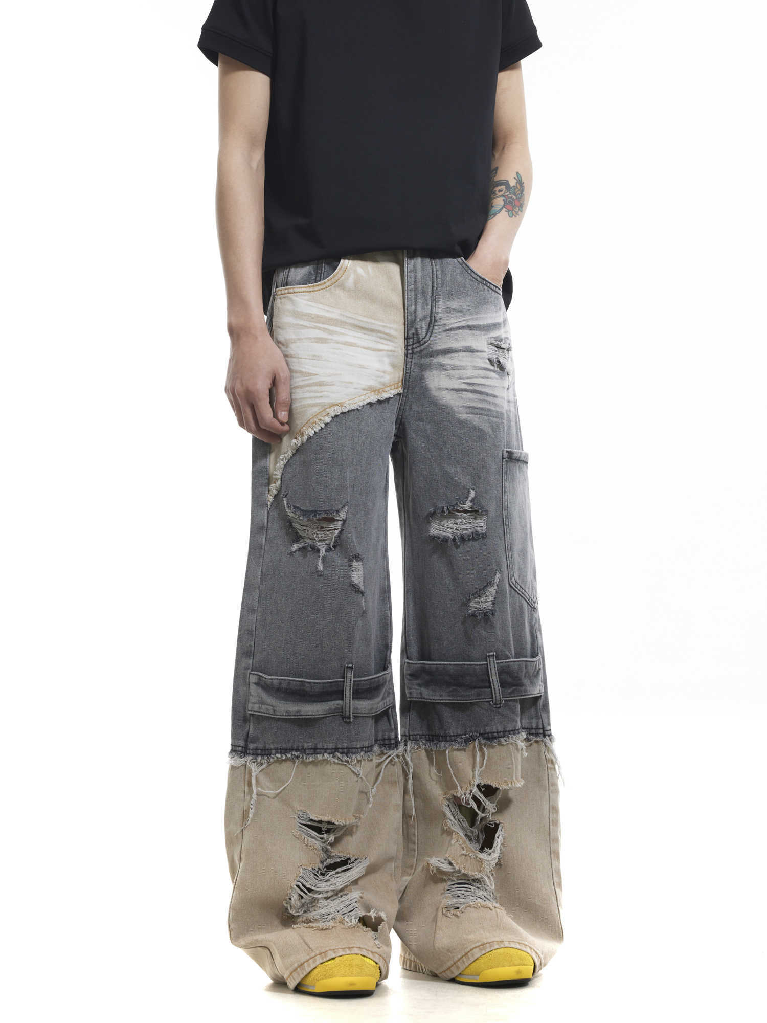Niche Heavy Industry Washed Damaged Stitching Skinny Jeans