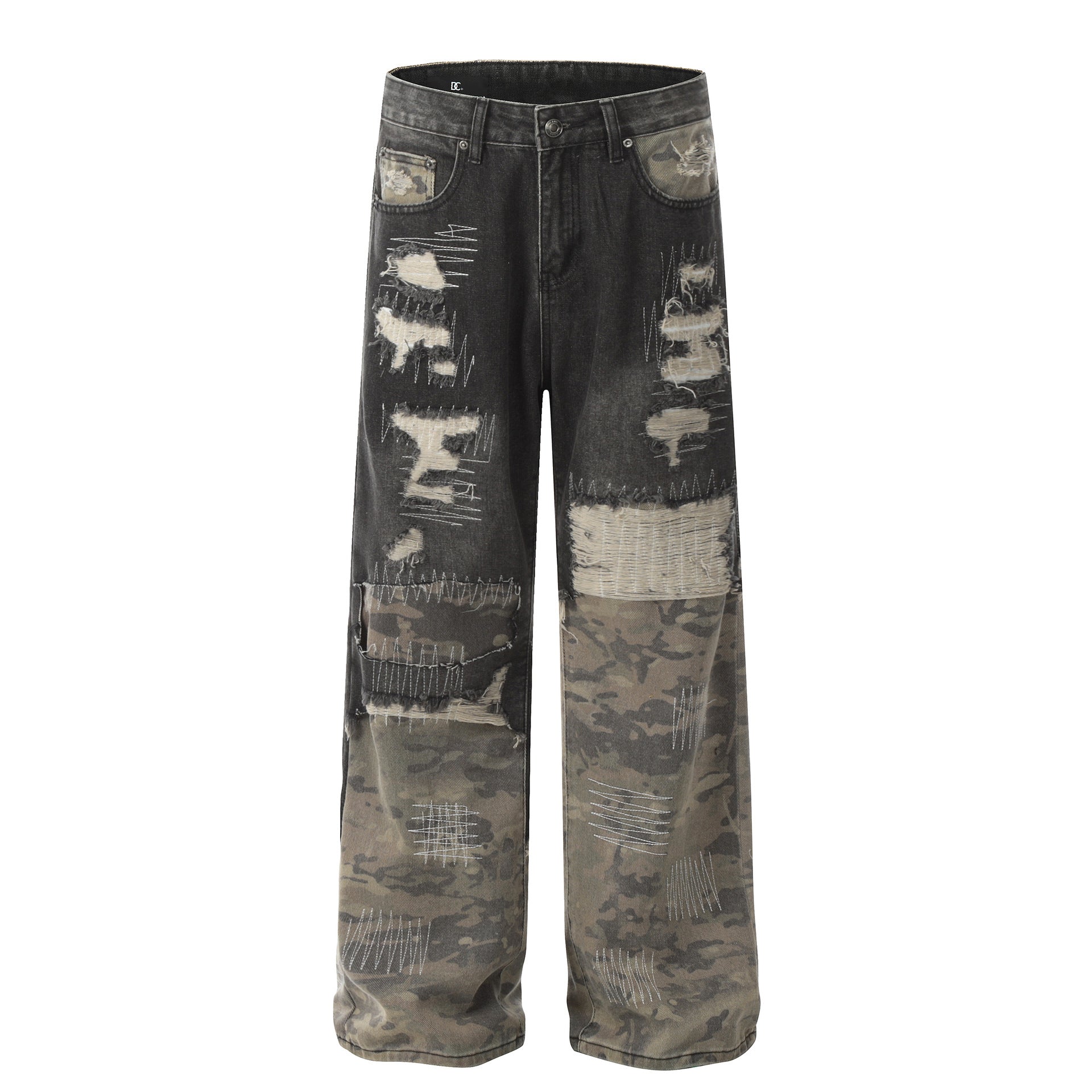 Niche Heavy Industry Washed Damaged Stitching Skinny Jeans - Gray / S