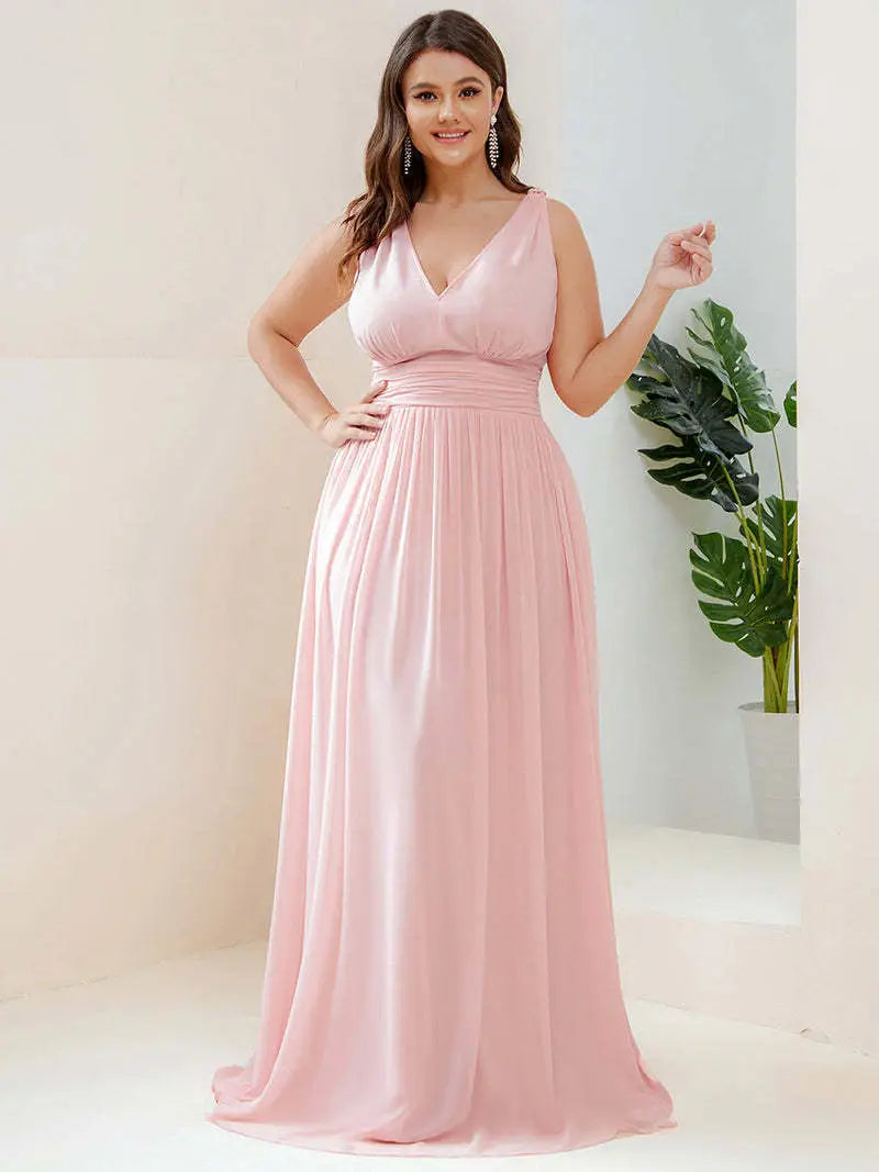 Deep V-neck Bridesmaid Plus Size High Waist Evening Dress