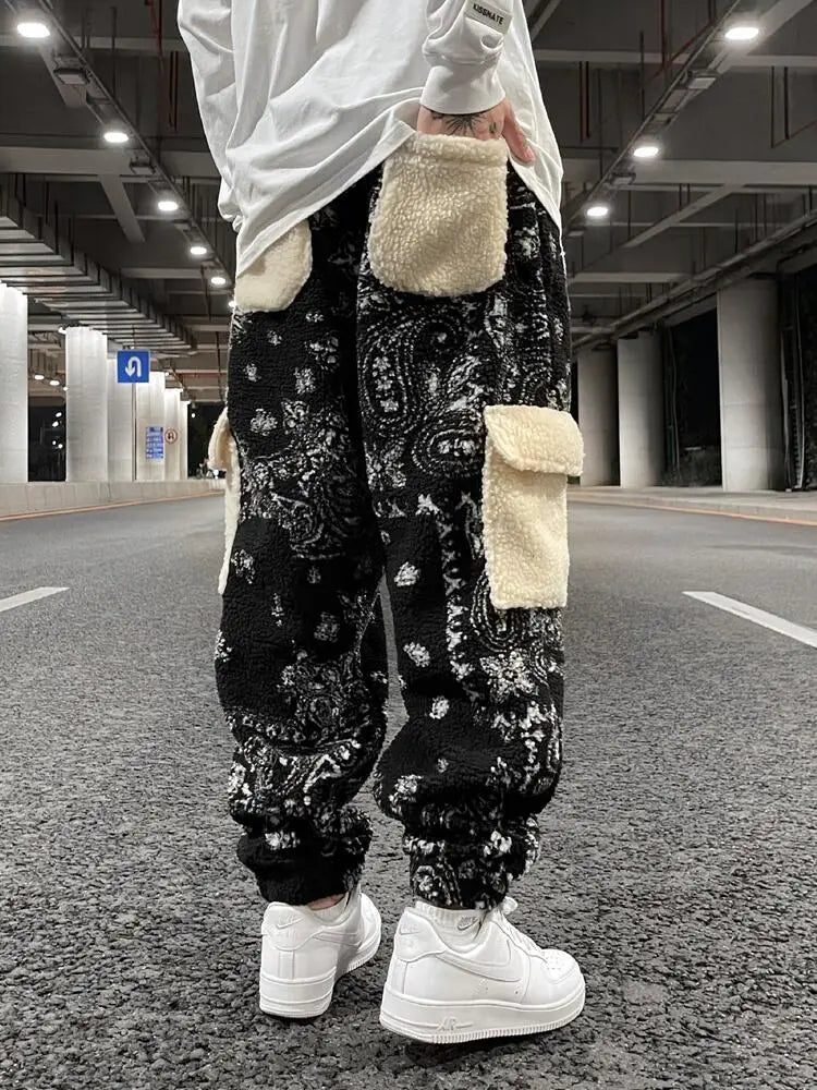 Lamb Fleece Pocket Casual Pants Drawstring Loose Men’s Trousers