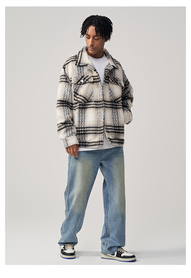 Sea Horse Hair Coarse Checked Shirt Jacket Loose Wool Clip Cotton