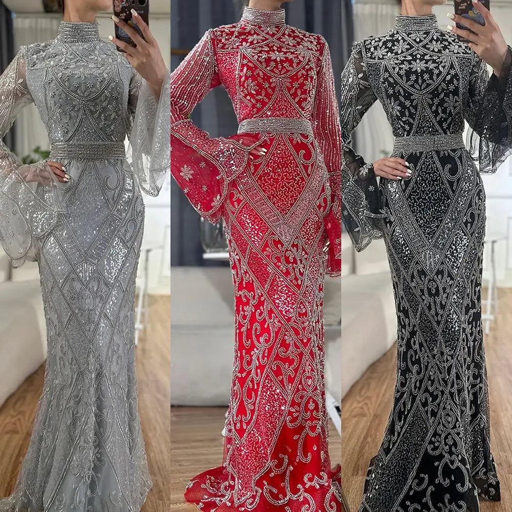 Red High Collar Fishtail Evening Long Dress