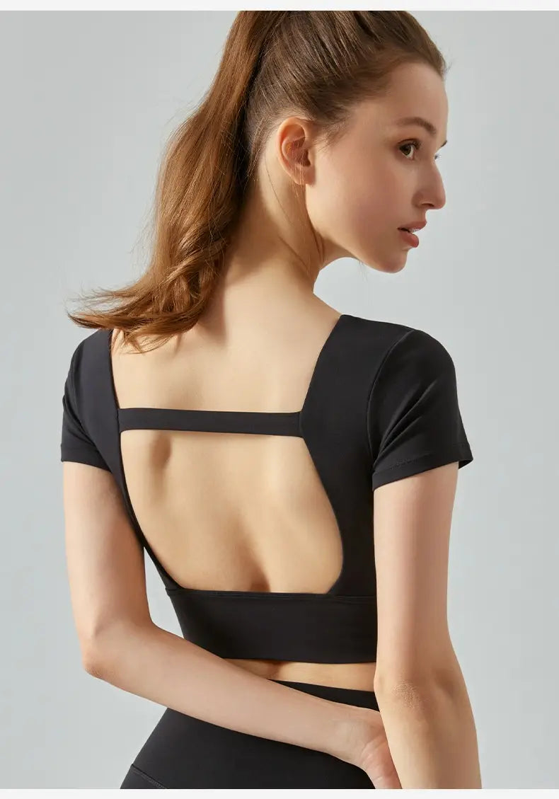 Hollow-out Beauty Back Yoga Short Sleeve Women’s Removable Chest Pad Workout Top