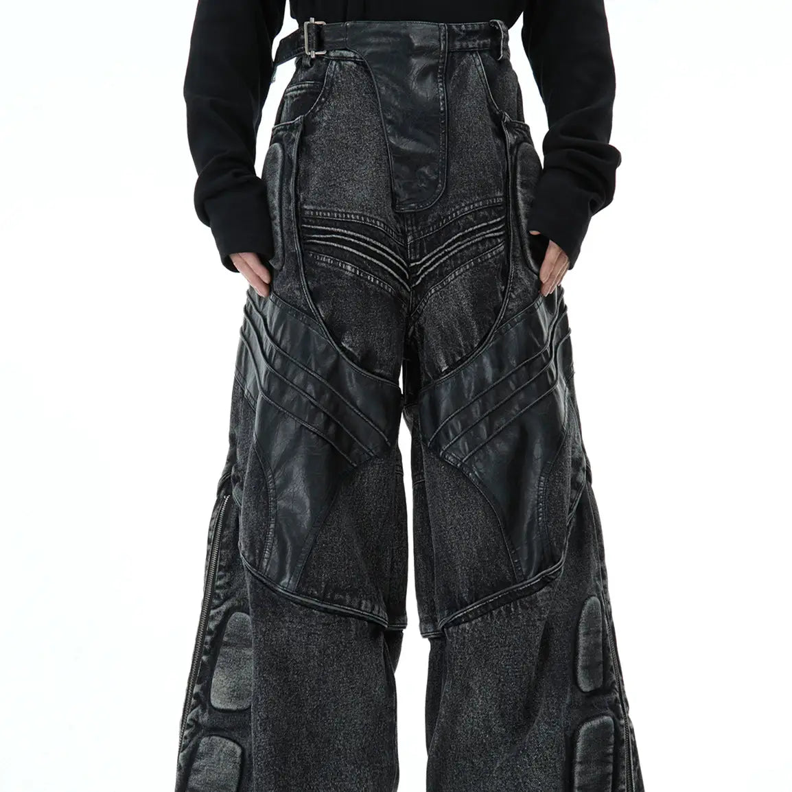 Heavy Washed Black Armor Jeans Deconstructed PU Leather Stitching Trousers