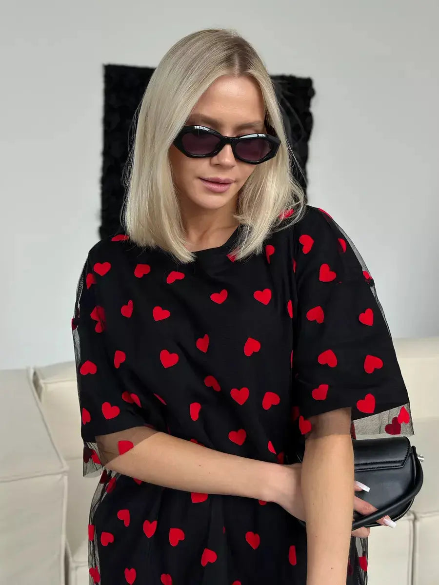 European And American Style Women’s Love Mesh Stitching Loose Basic Style Round Neck Short Sleeve T-shirt