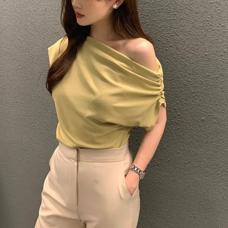 Irregular Shoulder Design Loose Solid Color Pullover Short Sleeve T-shirt