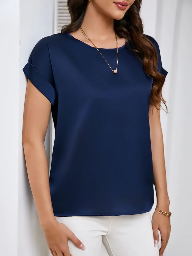 Round Neck Solid Color Smooth Surface Short Sleeve Loose