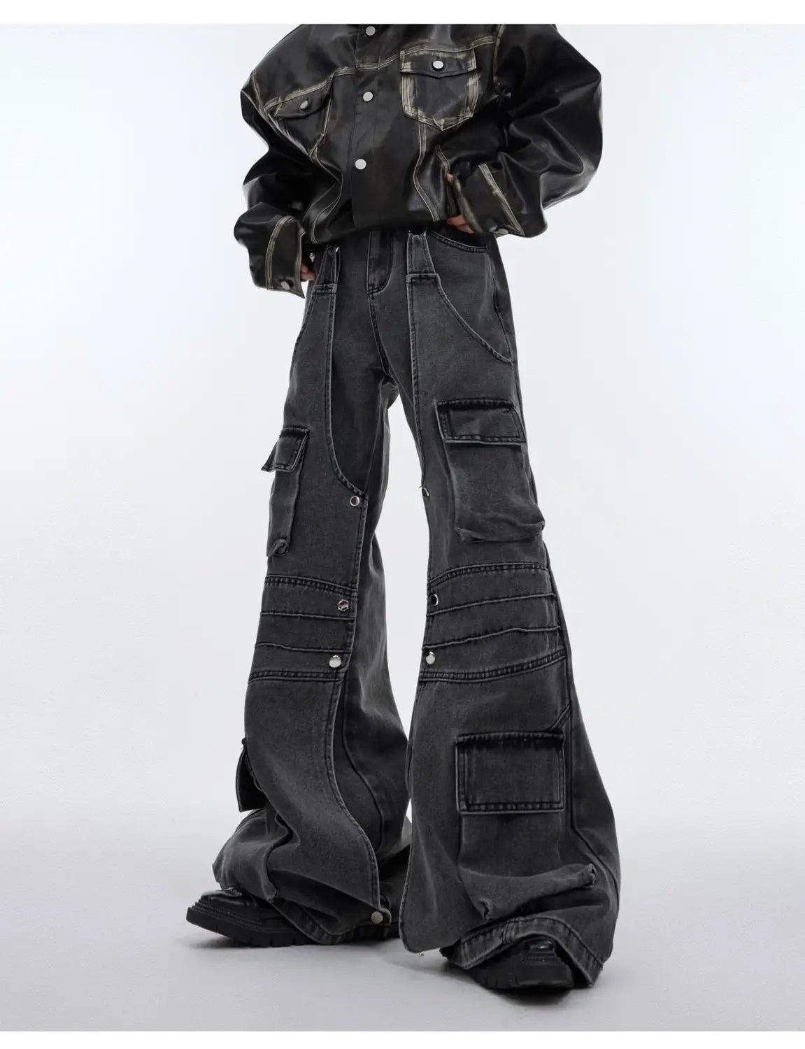 Large Pocket Design Vintage Distressed Loose-fitting Wide-leg Trousers Men