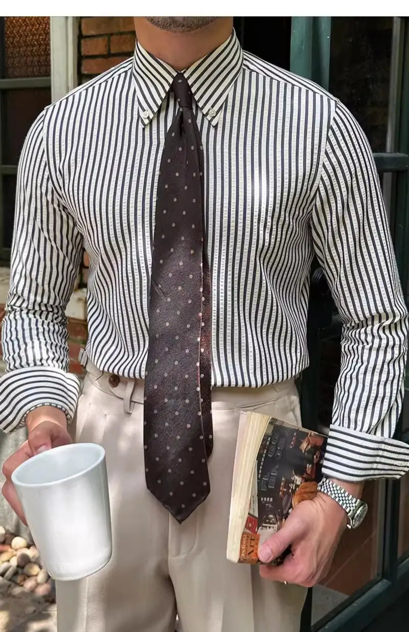 Men’s Seersucker Breathable Stripes Long-sleeved Shirt